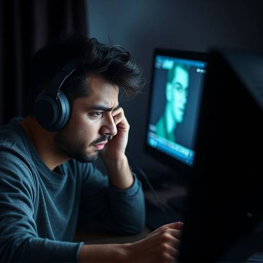 Person struggling with gaming addiction, looking stressed and exhausted in front of a computer.