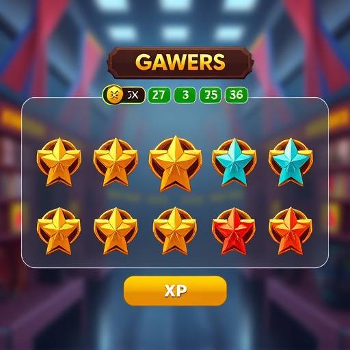 Visual representation of a reward system in a game showing levels, badges, and experience points